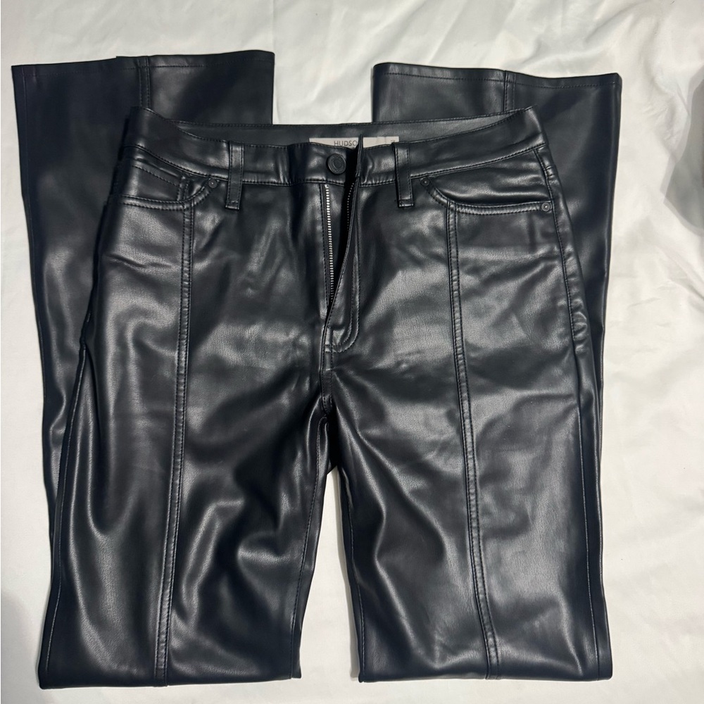 Hudson Jeans Black Faux Leather Flare Pants ANKLE SLIT